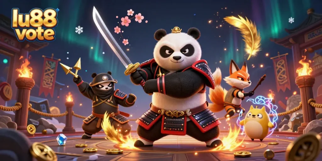 Engage with the thrilling world of lu88 vote: A 3D samurai panda and ninja fox in an epic casino battle scene.
