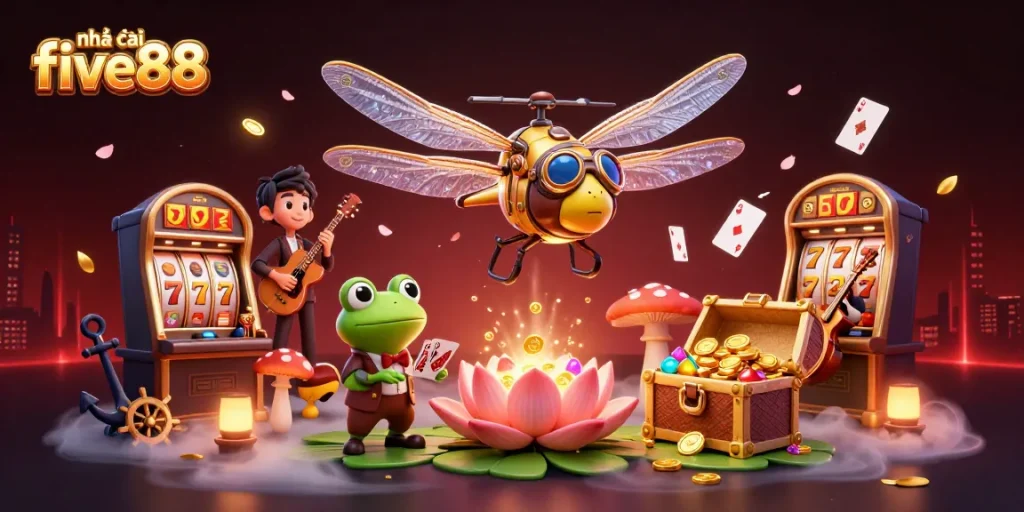 Engage with nhà cái five88 in a vibrant casino scene featuring a dragonfly pilot and a frog dealer.