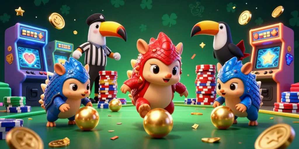 Engage in thrilling betting with 789b as rival pangolins compete amidst casino elements and colorful game machines.