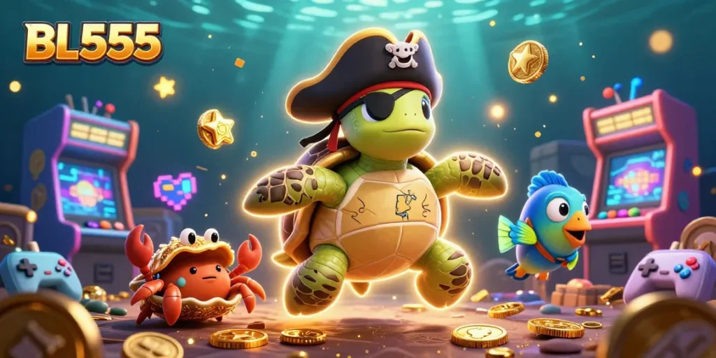 Experience thrilling gameplay at BL555 with vibrant characters amidst floating treasures and casino elements.