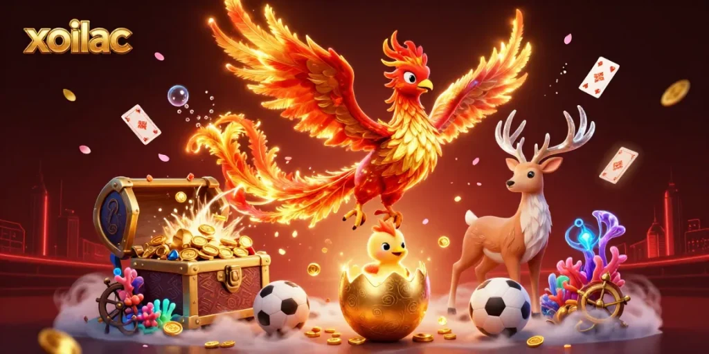 Engage with xoilac's dynamic sports betting scene featuring golden phoenix characters, stadium details, and vibrant casino elements.