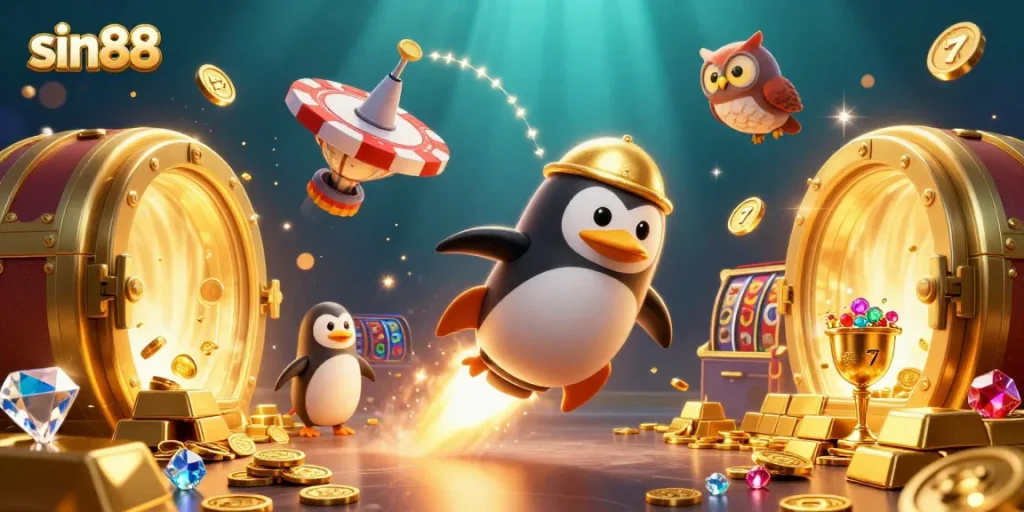 Engage with sin88's animated golden penguin as it journeys through an exciting slot game universe, adorned with treasures.