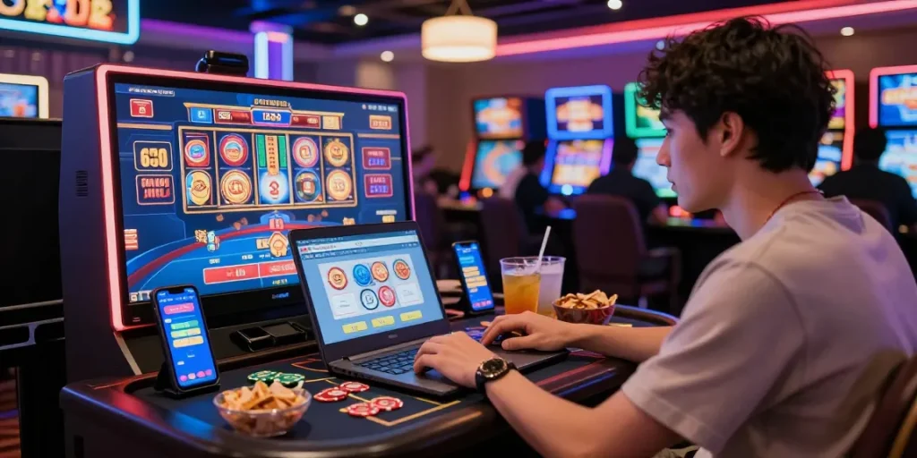 Online gaming experience with rokok88 mobile app in vibrant casino setting.