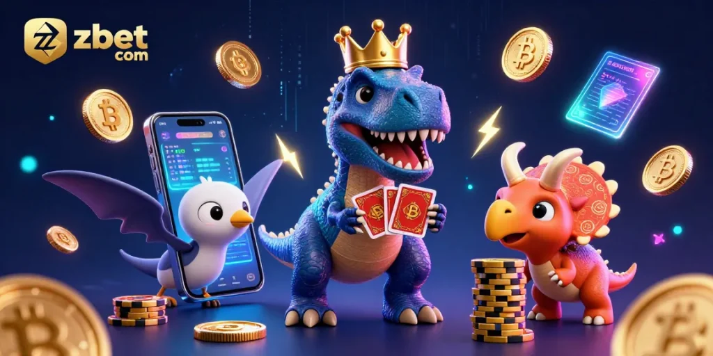 Experience zbet com's thrilling card games with a playful T-Rex and friends at a dynamic casino scene.