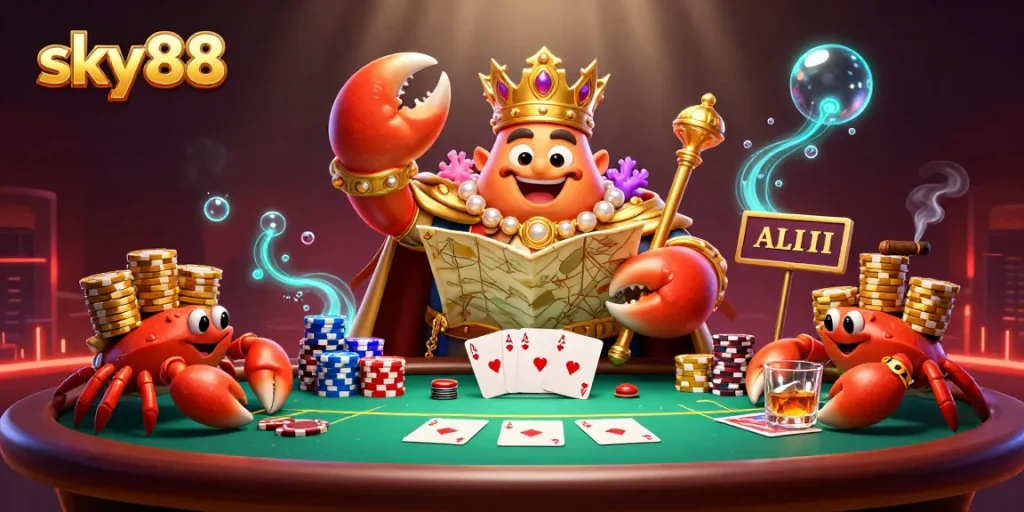 Experience thrilling poker action with sky88, featuring a golden crab emperor and colorful chips.