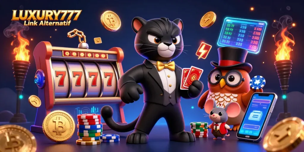 Slot dan chip poker dalam ilustrasi 3D menarik bertema LUXURY777 Link Alternatif.