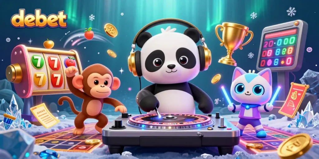 Bet with debet in a vivid casino scene featuring a DJ panda, dancing monkey, and an energetic kitten.