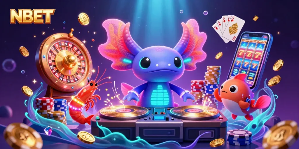 Spin to win with NBET in a lively 3D underwater casino scene featuring vibrant characters and dazzling game elements.