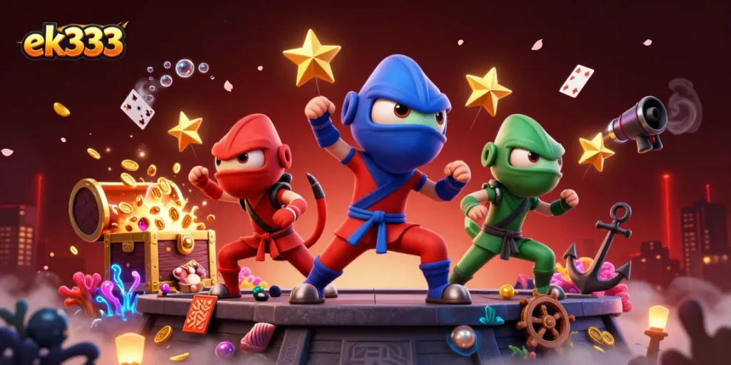 Experience the excitement of ek333 with ninja chameleons and vibrant casino treasures in this dynamic scene.