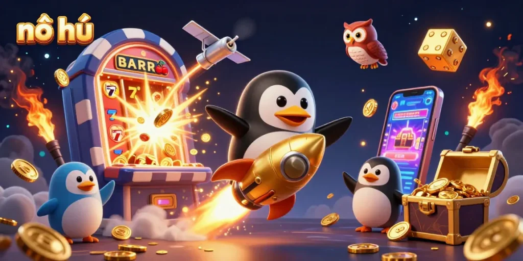 Experience nổ hũ excitement with a golden penguin, jackpot explosions, and vibrant casino elements in space.