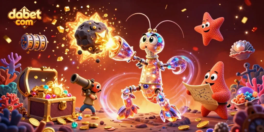 Unleash excitement with dabet com's vibrant 3D casino scene of a powerful mantis shrimp and treasure.