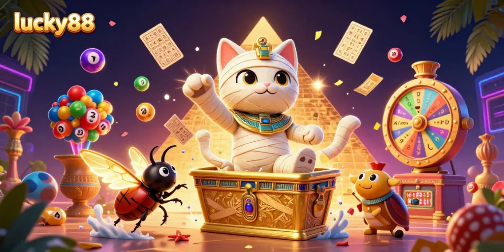 Engage with lucky88 as the Egyptian mummy cat bursts from its sarcophagus, surrounded by vibrant lottery elements.