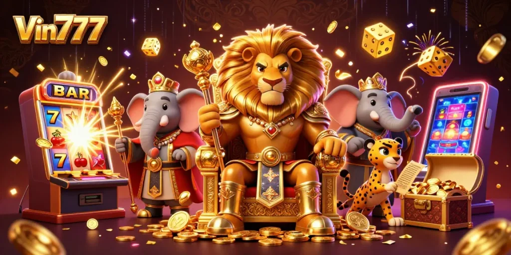 Experience thrilling slots and jackpots at Vin777 through this vibrant 3D scene.