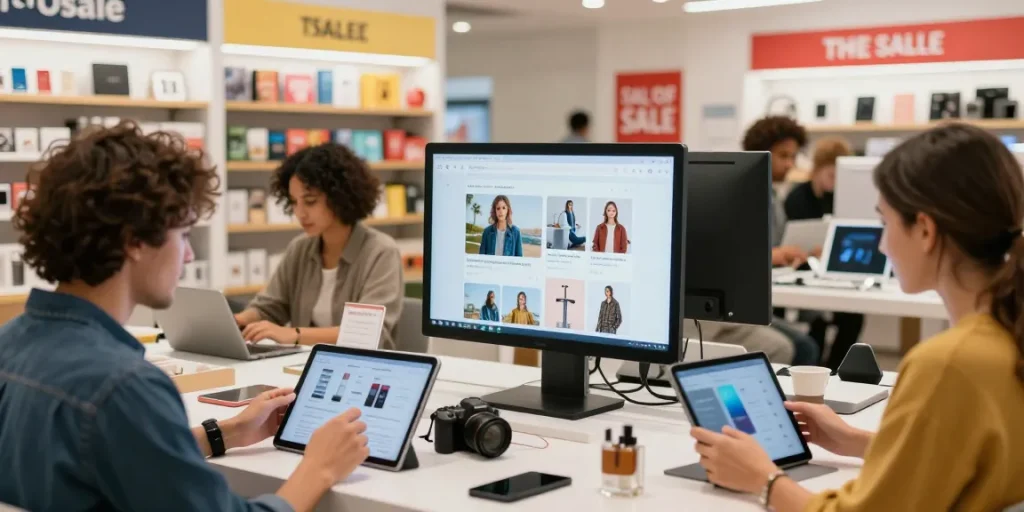 Customers engaging with e-commerce products at https://rokok88.my, showcasing a vibrant online shopping atmosphere.