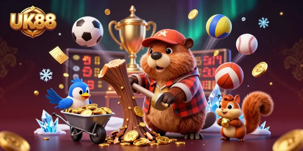 Join the excitement of UK88 with a playful scene of a beaver, bird, and squirrel amidst gold coins and betting slips.